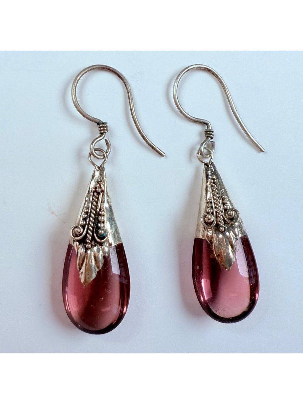 13 TCW Amethyst Opalescent Glass Boho Teardrop Sterling Silver 925 Earrings